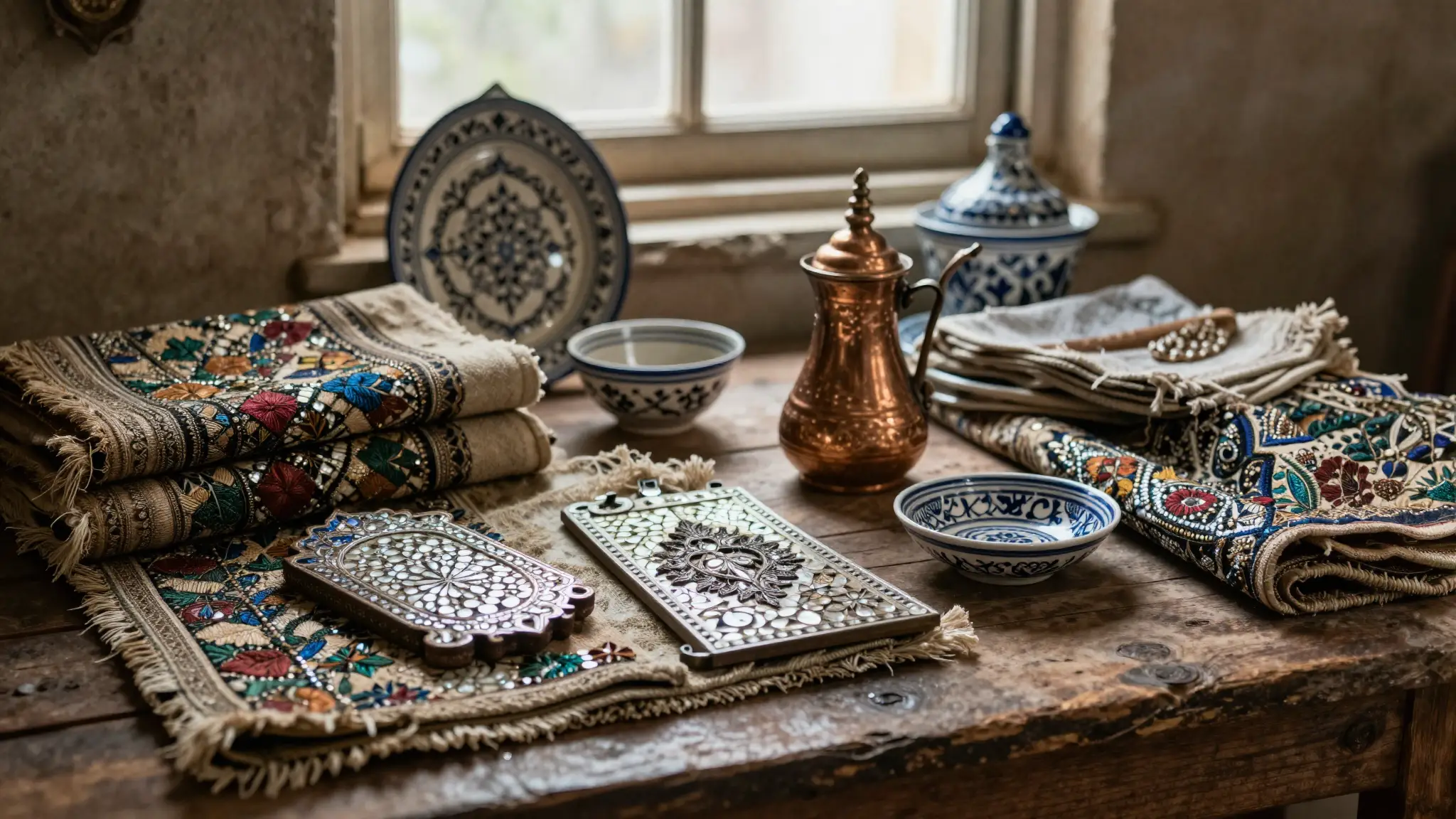 حرف يدوية سورية تقليدية تشتهر بها السوريات: تطريز أغباني وبروكار وأوانٍ نحاسية على طاولة خشبية